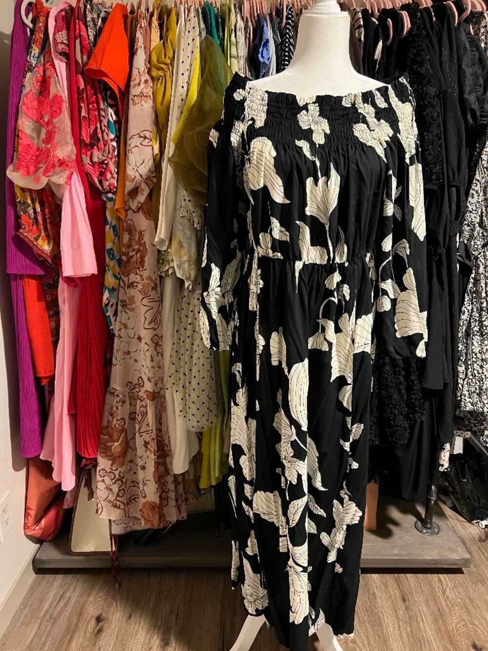 H&M Black & Cream Floral Off-Shoulder Midi Dress